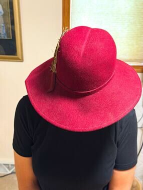 100% Wool Women's Red Wide Brim Fedora Hat, Size 7.5, Feather Accent Red Hat
